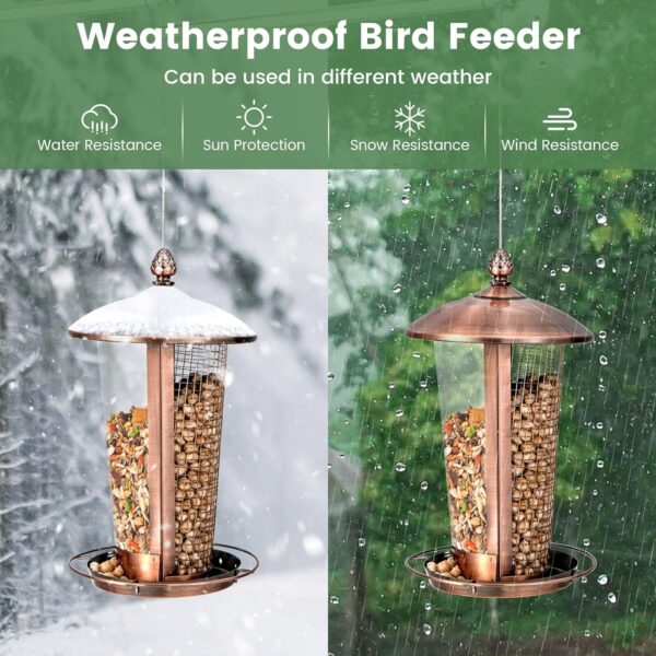 COSTWAY 2-in-1 Birds Feeder, Metal Hanging Wild Bird Seed Feeder with Dual Birds Food Chambers and Stainless Steel Wire, Weatherproof Outdoor Bird Feeding Station for Garden Yard Porch - Image 3