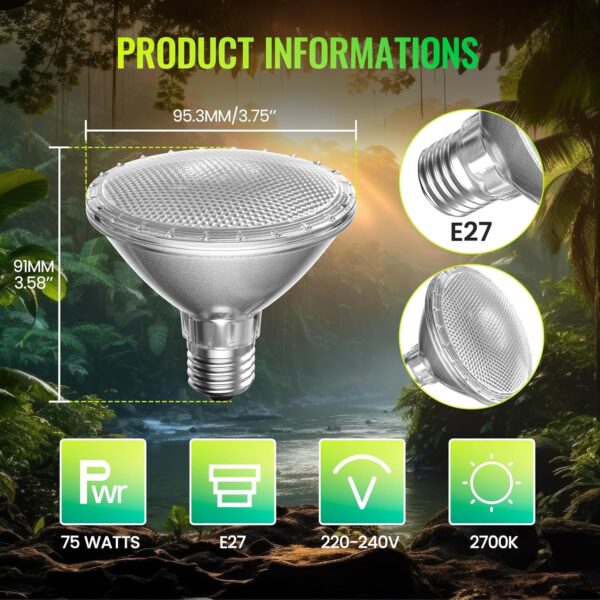 Lamptobe Heat Bulb for Reptiles 75w, PAR30 E27 Reptile Heat Lamp Bulb, Dimmable Basking Bulb for Tortoise, Bearded Dragon, Chick - Image 2