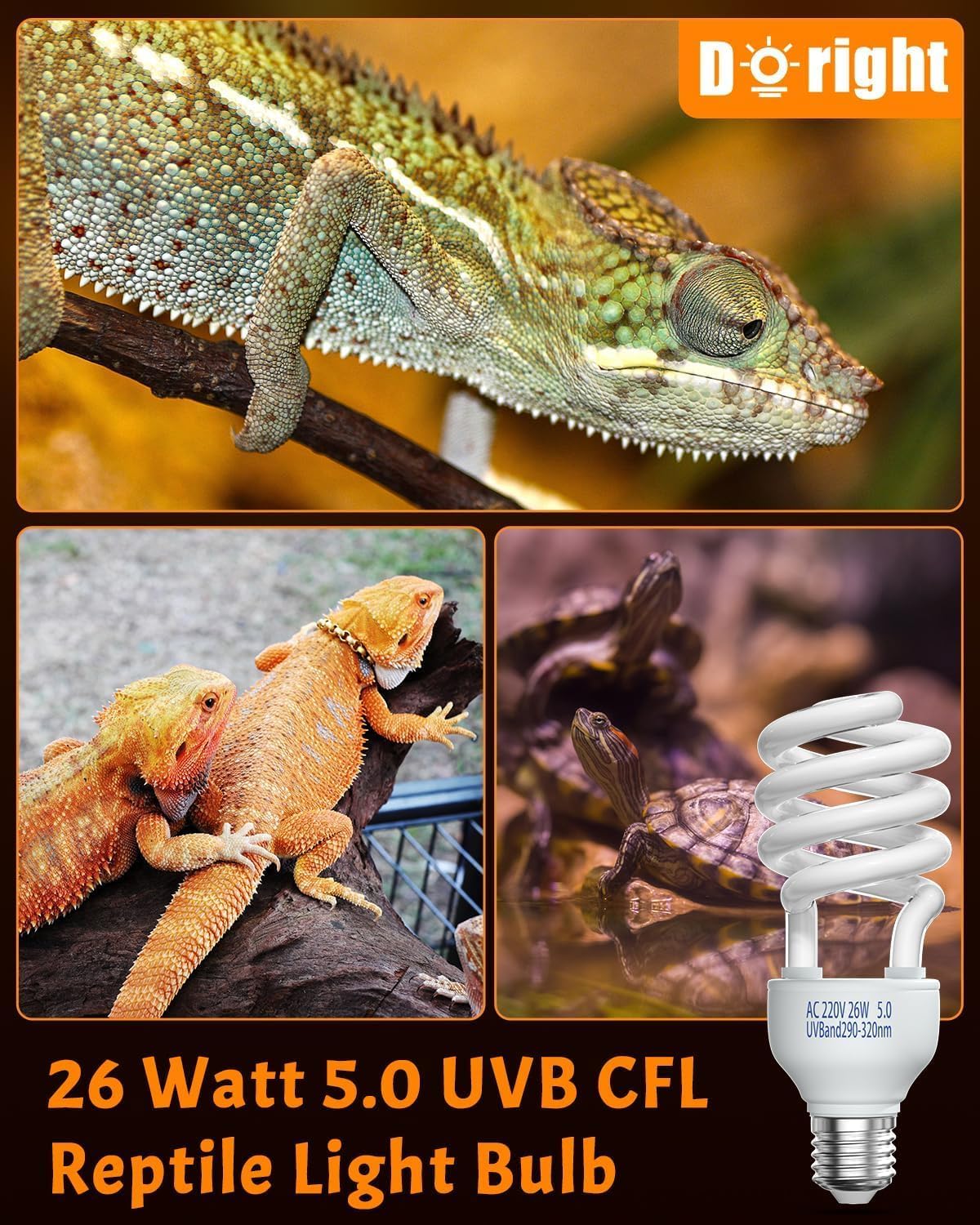 DoRight 5.0 UVB Bulb Reptile 26W, E27 UVA UVB Tortoise Fluorescent Light Bulb AC 220-240V UVB Tropical Terrarium Lamp for Rainforest Reptiles Chameleon Lizard Snake Pet Vivarium Turtle Tank (1-Pack) - Image 3