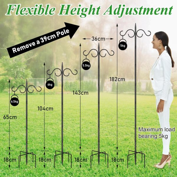 Bird Feeder Poles and Hangers, 2M Heavy Duty Bird Feeding Hanging Station Stand with base, Double Shepherds Crook Hooks FreeStanding for Outdoors Lantern Garden Lights Flower Basket, Black,1 Pack - Image 2