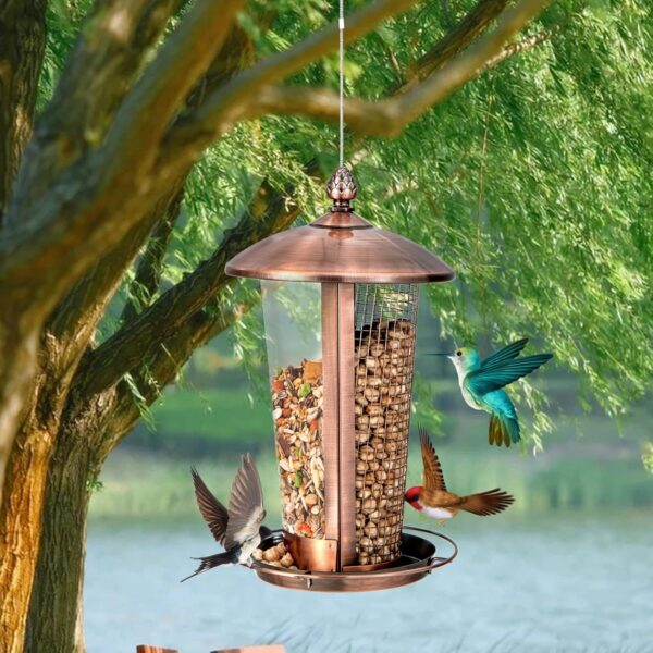 COSTWAY 2-in-1 Birds Feeder, Metal Hanging Wild Bird Seed Feeder with Dual Birds Food Chambers and Stainless Steel Wire, Weatherproof Outdoor Bird Feeding Station for Garden Yard Porch - Image 8