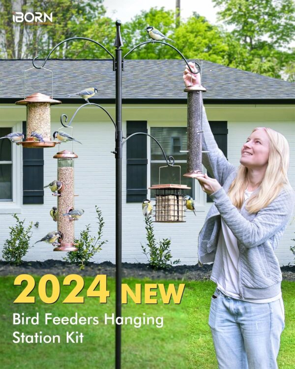 iBorn Bird Feeder Pole 1 Inch Thickness Pole Wild Bird Feeding Station Stand Shepard Hook for Bird Feeders, with 2Top Hooks& 2 Adjustable Hooks,5-Prong Pole Stabilizer(Bird Feeders NOT Included) - Image 4
