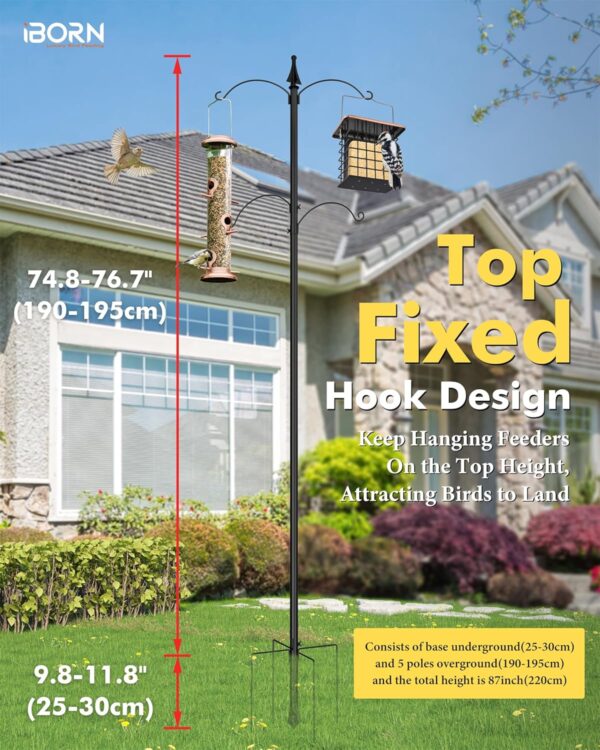 iBorn Bird Feeder Pole 1 Inch Thickness Pole Wild Bird Feeding Station Stand Shepard Hook for Bird Feeders, with 2Top Hooks& 2 Adjustable Hooks,5-Prong Pole Stabilizer(Bird Feeders NOT Included) - Image 7