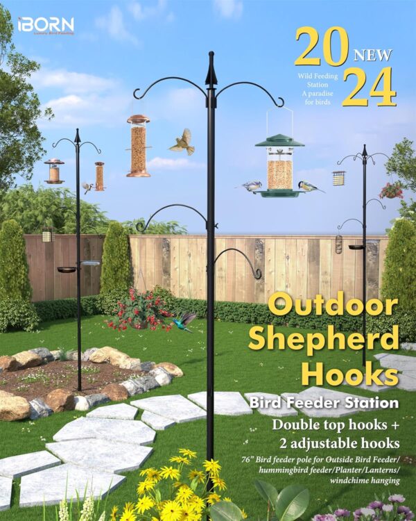 iBorn Bird Feeder Pole 1 Inch Thickness Pole Wild Bird Feeding Station Stand Shepard Hook for Bird Feeders, with 2Top Hooks& 2 Adjustable Hooks,5-Prong Pole Stabilizer(Bird Feeders NOT Included) - Image 3