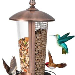 COSTWAY 2-in-1 Birds Feeder, Metal Hanging Wild Bird Seed Feeder with Dual Birds Food Chambers and Stainless Steel Wire, Weatherproof Outdoor Bird Feeding Station for Garden Yard Porch