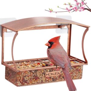 Monjita Window Bird Feeder, Durable Metal Bird Feeder, Window Bird Feeders with Strong Adhesive Sheets ×4, Wild Bird Feeders for Outside, Removable Tray for Easy Cleaning, Perfect Bird Watching Gift