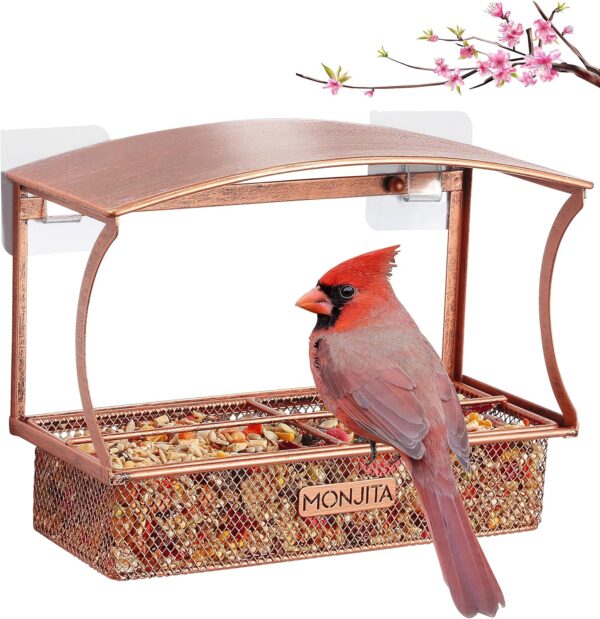 Monjita Window Bird Feeder, Durable Metal Bird Feeder, Window Bird Feeders with Strong Adhesive Sheets ×4, Wild Bird Feeders for Outside, Removable Tray for Easy Cleaning, Perfect Bird Watching Gift