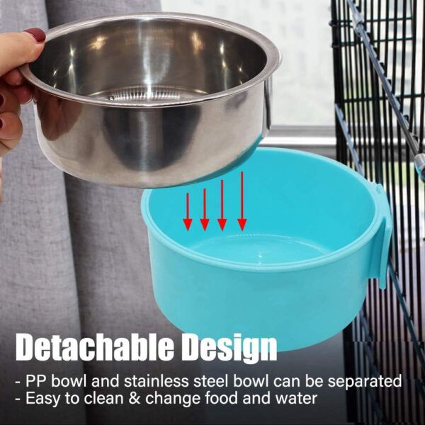 SLSON Pet Crate Bowls 2 Pack Dog Cage Hanging Bowl Removable Double Feeding Bowls for Pet Stainless Steel and Plastic Feeders for Dogs Cats Small Animals, Blue and Green - Image 2