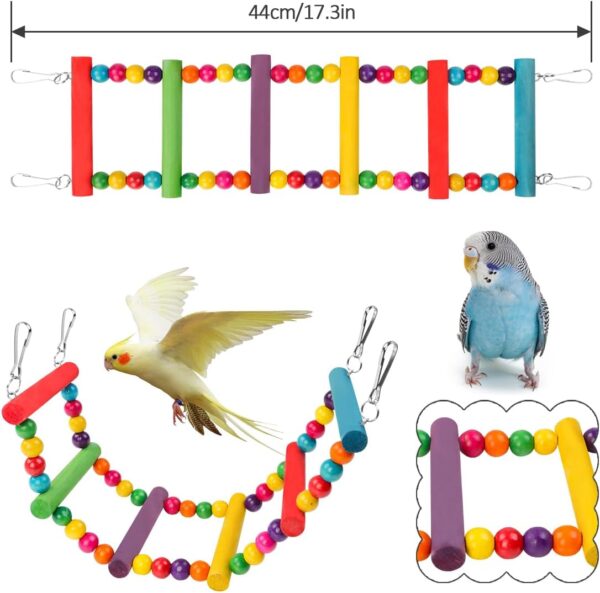 Pethee 8 Pack Budgie Toys Bird Toys Set Bird Swing Chew Toys Bells Hanging Mirror Climbing Ladders Wooden Chewing Toy for Parrot Conure Cockatiel Lovebird Parrotlet - Image 4