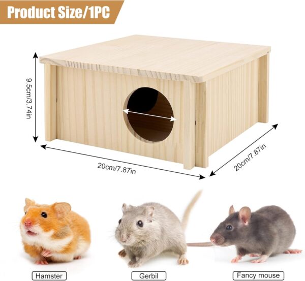 Hamster Wood House 2 Chambers Guinea Pig House for Cage Pet Wooden House Small Animal Habitat Décor Natural Wooden Hamster Hideaway House Wood Cabin for Small Pets Chinchilla Rat Gerbils Square - Image 2