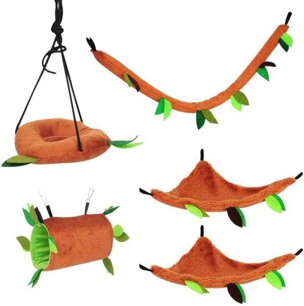 5PCS Hamster Hammock Rat Hanging Bed House Guinea Pig Nest Cage Toy Accessories Forest Pattern Cage Toys Accessories Leaf Hanging Tunnel and Swing for Small Animal Glider Squirrel Playing Sleeping - Image 8