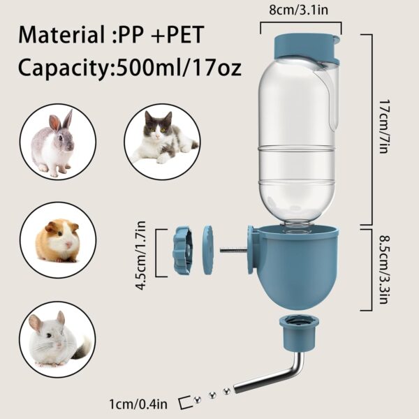 TOKAYIFE Pet Water Bottle for Cage Crate 500ml Water Dispenser for Small Animal Rabbit Guinea Pig Chinchilla Ferret Squirrel Hedgehog (Blue) - Image 5
