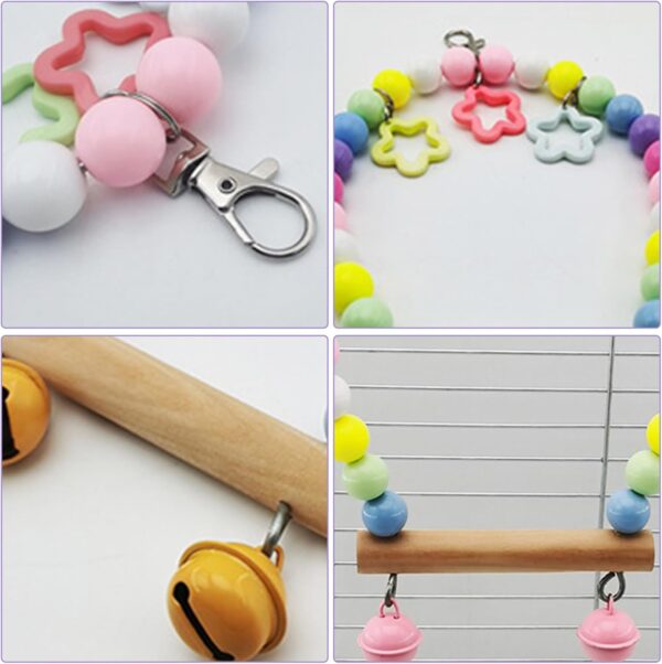 Wooden Bird Swing Perch Toys,Multi-color Parrot Swing Hanging Standing Toy,Wood Bird Cage Toys with Swing Bell,Parrot Cage Perch Hanging Swing for Parakeets Budgie Bird (Colour) - Image 3