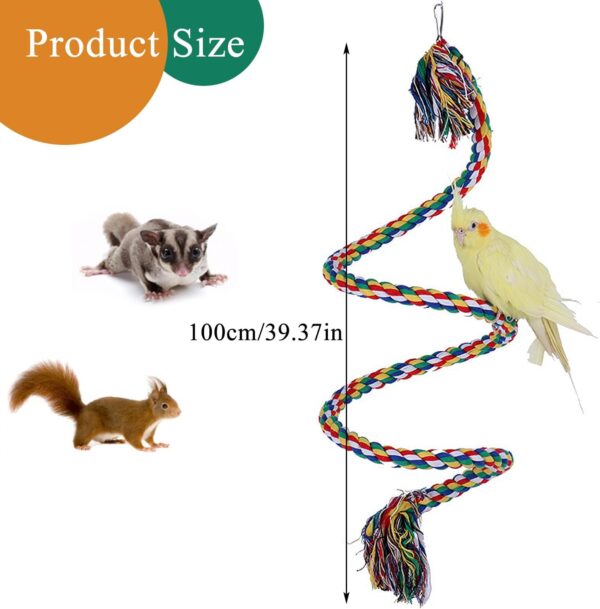 Parrot Perch, Spiral Colorful Budgie Toys Cotton Rope Cockatiel Toy Bird Swing Birdcage Perches Chewing Standing Hanging Perch with Bell (100CM) - Image 2