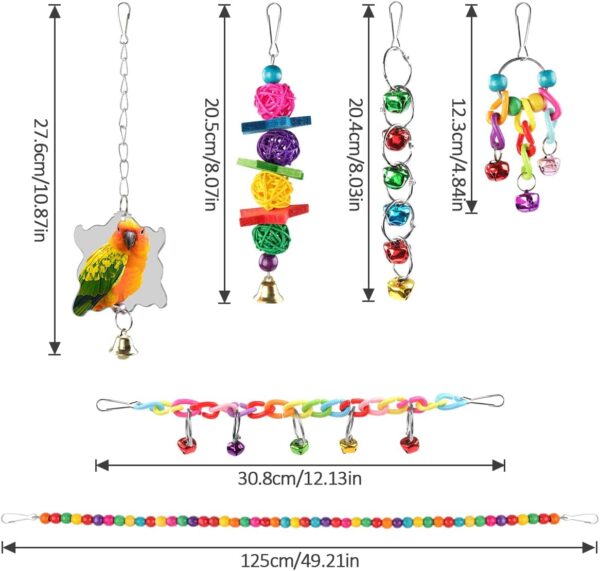 Pethee 8 Pack Budgie Toys Bird Toys Set Bird Swing Chew Toys Bells Hanging Mirror Climbing Ladders Wooden Chewing Toy for Parrot Conure Cockatiel Lovebird Parrotlet - Image 5