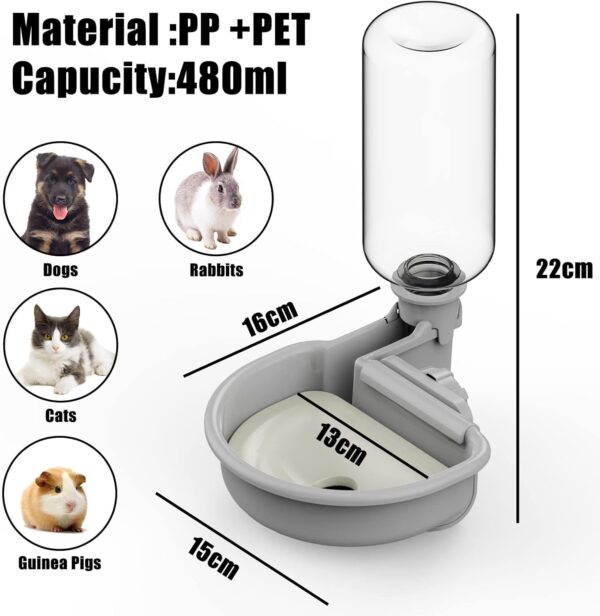 Pet Water Bottle [Grey, 480ml] Cage Water Bottles for Rabbits, Dogs, Ferrets, Cats and Other Small Animals, Anti-Overflow Water Dispenser for Crate - Image 2