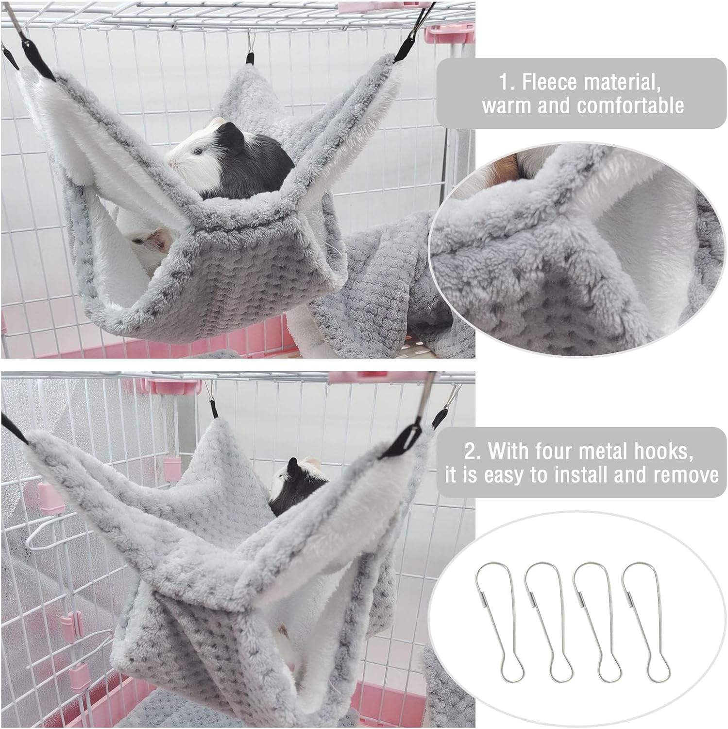 Yanmucy Rat Hammock Double-Layer Fleece Guinea Pig Hammock House Warm Soft Rat Hammocks for Cage Accessories Ferrets Hideout Ferret Hamster Hammock for Small Animal Playing Sleeping (grey) - Image 3