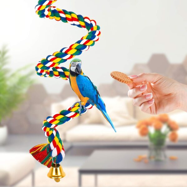 Ledoo Spiral Cotton Rope Bird Perch, Parrot Budgie Rope Spiral Perch, Parrot Budgie Rope, Spiral Perch Colorful Cotton Swing with Bell (100cm) - Image 7