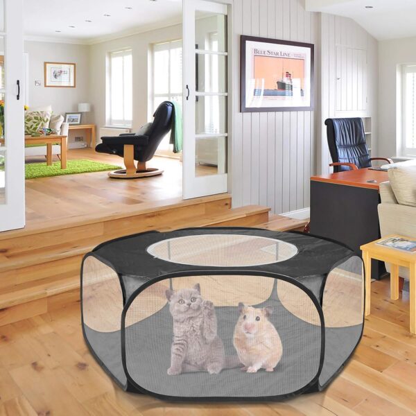 Small Animals Playpen Tent Cage, Pet Tent Pop Up Pet Playpen with Top Cover, Portable Dog Cat Play Pen for Guinea Pig, Puppy, Kitten, Rabbits, Hamster, Chinchilla, Hedgehogs (Black) - Image 9