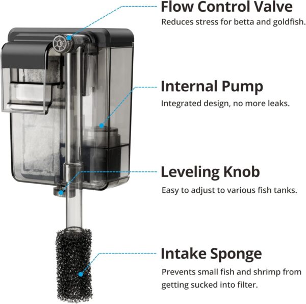 NICREW Slim Aquarium Filter, Quiet Fish Tank HOB Filters for up to 20L Aquariums, Adjustable Flow, 160 L/H, 3W - Image 3