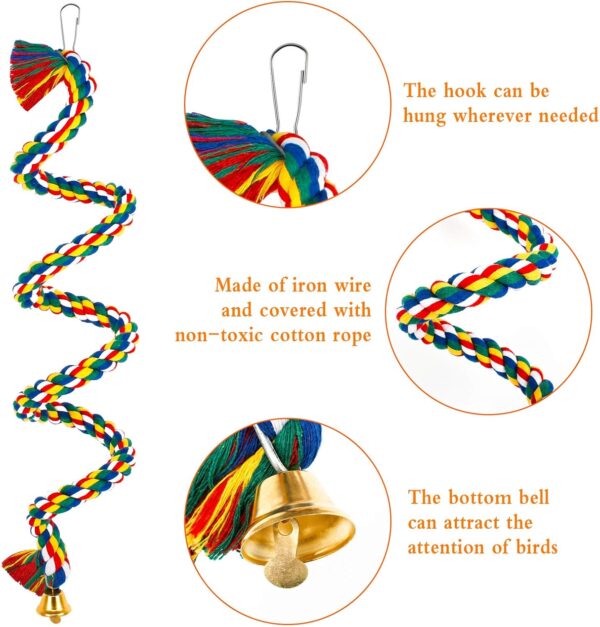 Ledoo Spiral Cotton Rope Bird Perch, Parrot Budgie Rope Spiral Perch, Parrot Budgie Rope, Spiral Perch Colorful Cotton Swing with Bell (100cm) - Image 4