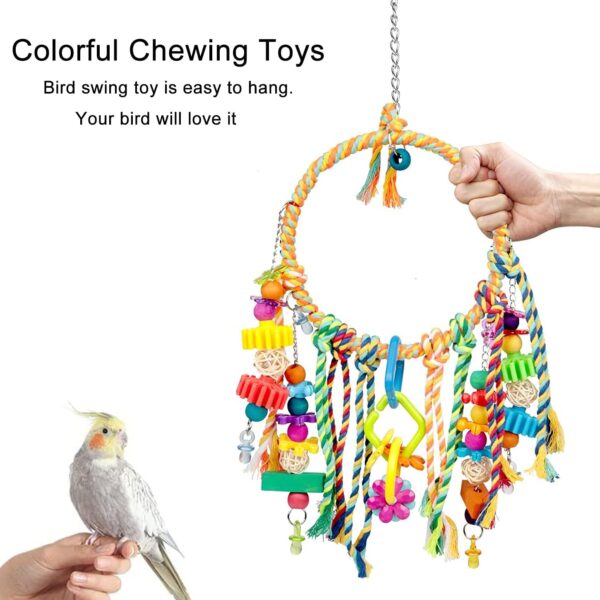 TeTupGa Bird Toy,Bird Swing Toys Hanging Cotton Rope Rings Parrot Perch with Colorful Chewing Toys for Cockatiel, Lovebirds, Finches, Parakeets, Conure and Small Birds - Image 4