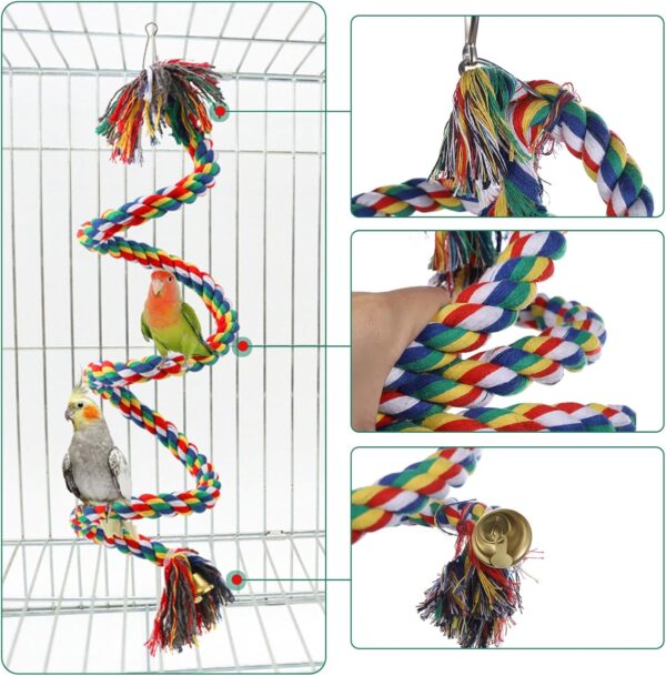 Parrot Perch, Spiral Colorful Budgie Toys Cotton Rope Cockatiel Toy Bird Swing Birdcage Perches Chewing Standing Hanging Perch with Bell (100CM) - Image 5
