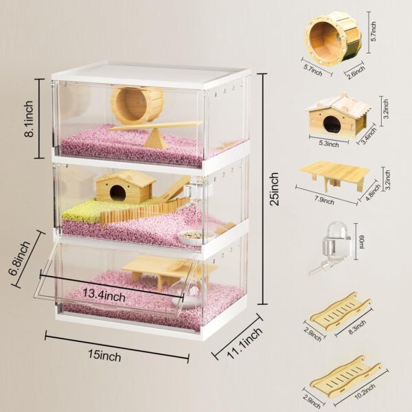 7 in 1 Transparent Hamster Cage,3-Layer Large Hampster Cage with Accessories & Toys, Small Animal Cages Habitat,for Hanster 3.5 Inches for Dwarf Hamsters,Syrian Hamster,Mice,Gerbils(15"*11"*25.1") - Image 2