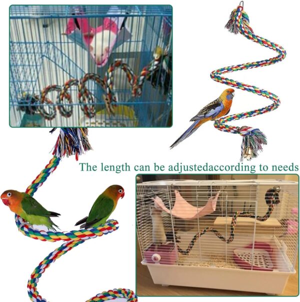 Parrot Perch, Spiral Colorful Budgie Toys Cotton Rope Cockatiel Toy Bird Swing Birdcage Perches Chewing Standing Hanging Perch with Bell (100CM) - Image 3