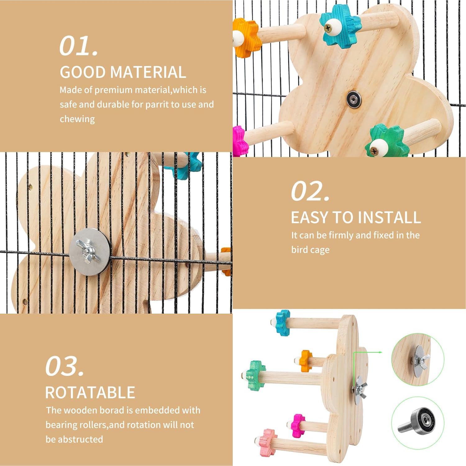 TeTupGa Wooden Parrots Ferris Wheel Toy with Perches, Bird Toy Rotating Perch Toy, Hanging Bird Stand Cage Accessories for Parakeet Parrot, Cockatiel, Budgerigar,Conure, Lovebirds - Image 5