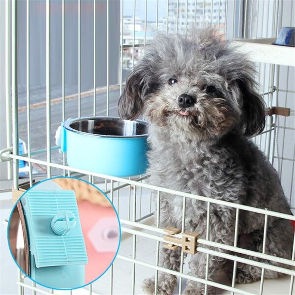 SLSON Pet Crate Bowls 2 Pack Dog Cage Hanging Bowl Removable Double Feeding Bowls for Pet Stainless Steel and Plastic Feeders for Dogs Cats Small Animals, Blue and Green - Image 6