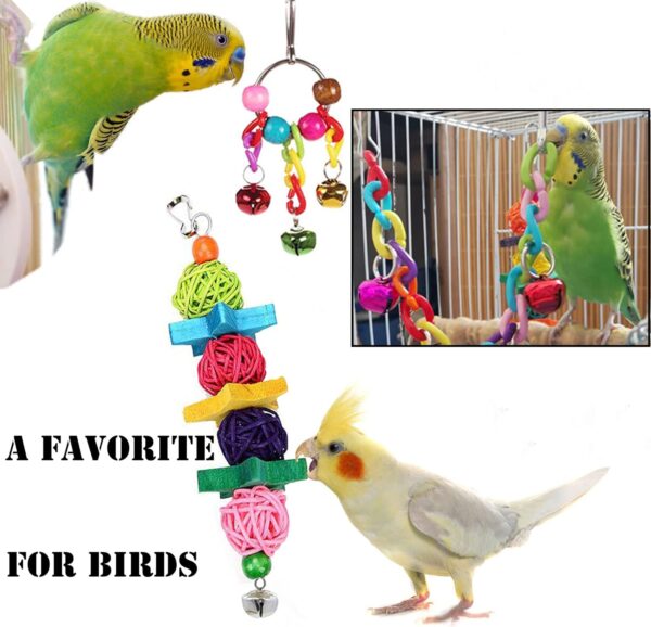 7 Pcs Bird Budgie Toys, ESRISE Hanging Bell Pet Bird Cage Hammock Swing Climbing Ladders Toy Wooden Perch Mirror Chewing Toy for Conures, Love Birds, Small Parakeets, Cockatiels, Parrot (Muliti-B) - Image 5