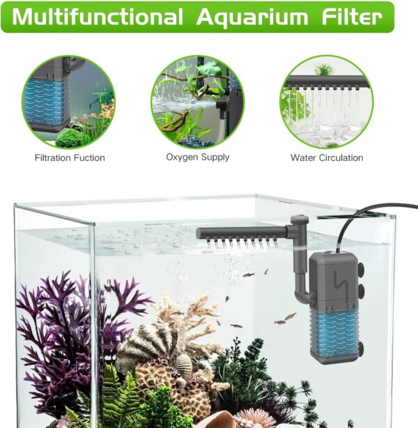 IREENUO Adjustable Fish Tank Filter, 600L/H Internal Aquarium Filter Pump with Spray Bar, 6W Silent Submersible Filter for Small Tank Up to 120 Litres - Image 2
