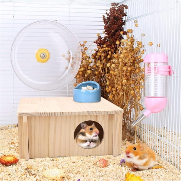 Hamster Wood House 2 Chambers Guinea Pig House for Cage Pet Wooden House Small Animal Habitat Décor Natural Wooden Hamster Hideaway House Wood Cabin for Small Pets Chinchilla Rat Gerbils Square - Image 5