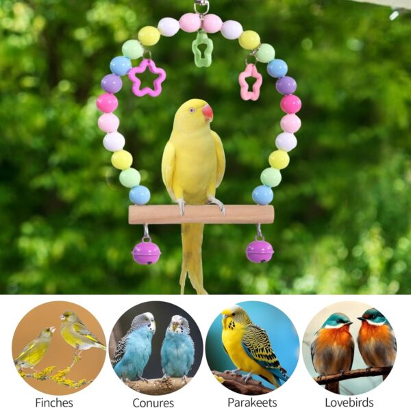 Wooden Bird Swing Perch Toys,Multi-color Parrot Swing Hanging Standing Toy,Wood Bird Cage Toys with Swing Bell,Parrot Cage Perch Hanging Swing for Parakeets Budgie Bird (Colour) - Image 5