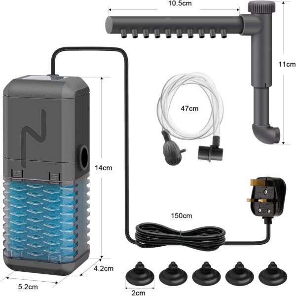 IREENUO Adjustable Fish Tank Filter, 600L/H Internal Aquarium Filter Pump with Spray Bar, 6W Silent Submersible Filter for Small Tank Up to 120 Litres - Image 6