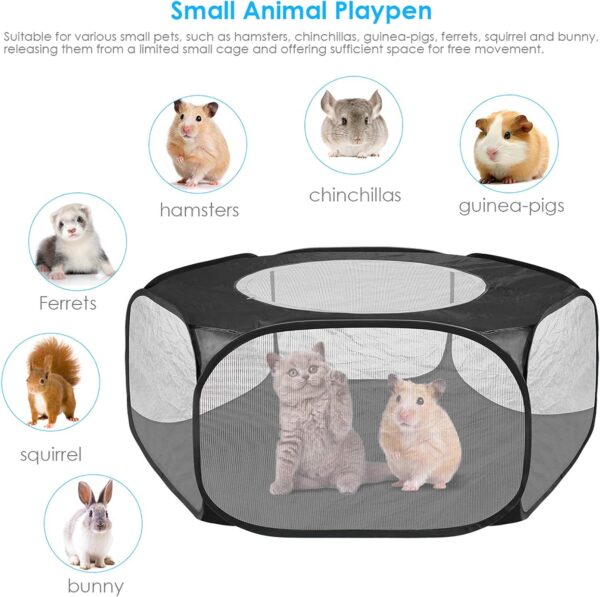 Small Animals Playpen Tent Cage, Pet Tent Pop Up Pet Playpen with Top Cover, Portable Dog Cat Play Pen for Guinea Pig, Puppy, Kitten, Rabbits, Hamster, Chinchilla, Hedgehogs (Black) - Image 2