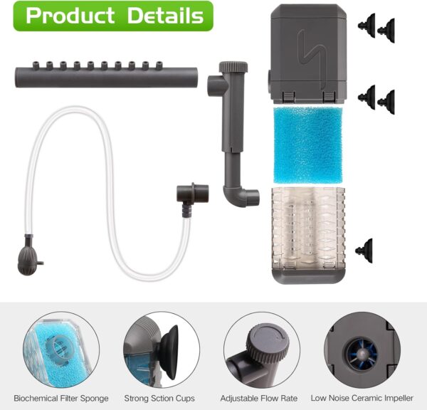 IREENUO Adjustable Fish Tank Filter, 600L/H Internal Aquarium Filter Pump with Spray Bar, 6W Silent Submersible Filter for Small Tank Up to 120 Litres - Image 4