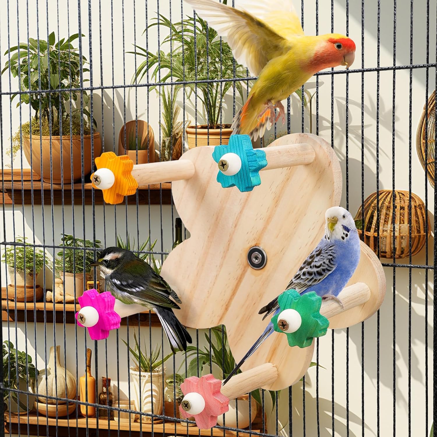 TeTupGa Wooden Parrots Ferris Wheel Toy with Perches, Bird Toy Rotating Perch Toy, Hanging Bird Stand Cage Accessories for Parakeet Parrot, Cockatiel, Budgerigar,Conure, Lovebirds - Image 2