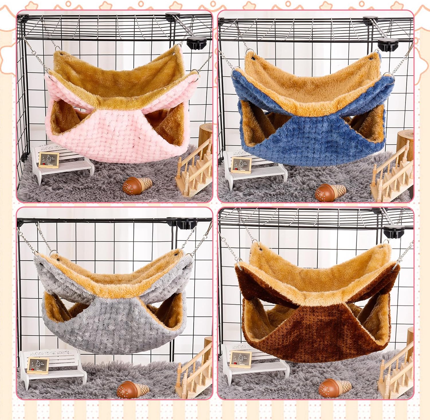 GSrenyu 2 Pack Double-Layer Small Animals Hanging Hammock, Pet Cage Hammock, Soft Fluffy Rat Hammock Toys, Warm Hanging Beds for Guinea Pig Parrot ferret Squirrel Hamster Rat Playing Sleeping Beds - Image 7