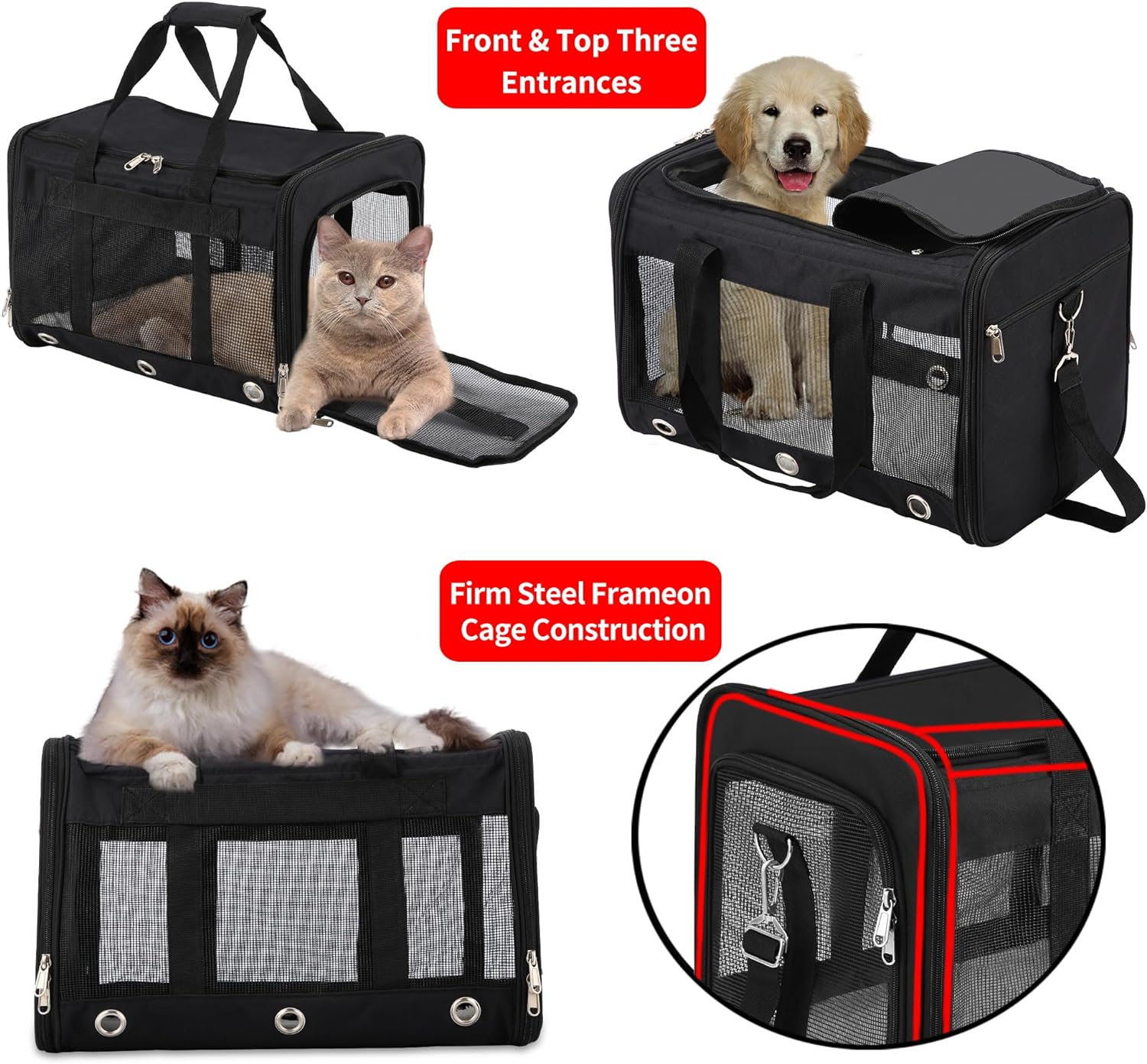 Soft Sided Foldable Cat/Dog/Pet Carrier Bag, Portable Puppy/Pets Travel Carriers For Cats/Dogs With Shoulder Strap & Removable Mat, Durable Cat Basket of 25 lbs - Black, L - Image 6