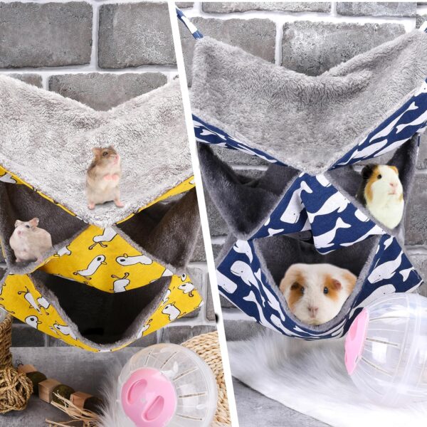 Vyuwast 2 Pack Hamster Hammock, Three-Tier Hanging Bed for Small Animals Guinea Pig Cage Accessories Bedding Warm Hammock for Parrot Ferret Squirrel Hamster Rat Playing Sleeping(Blue&Yellow) - Image 5