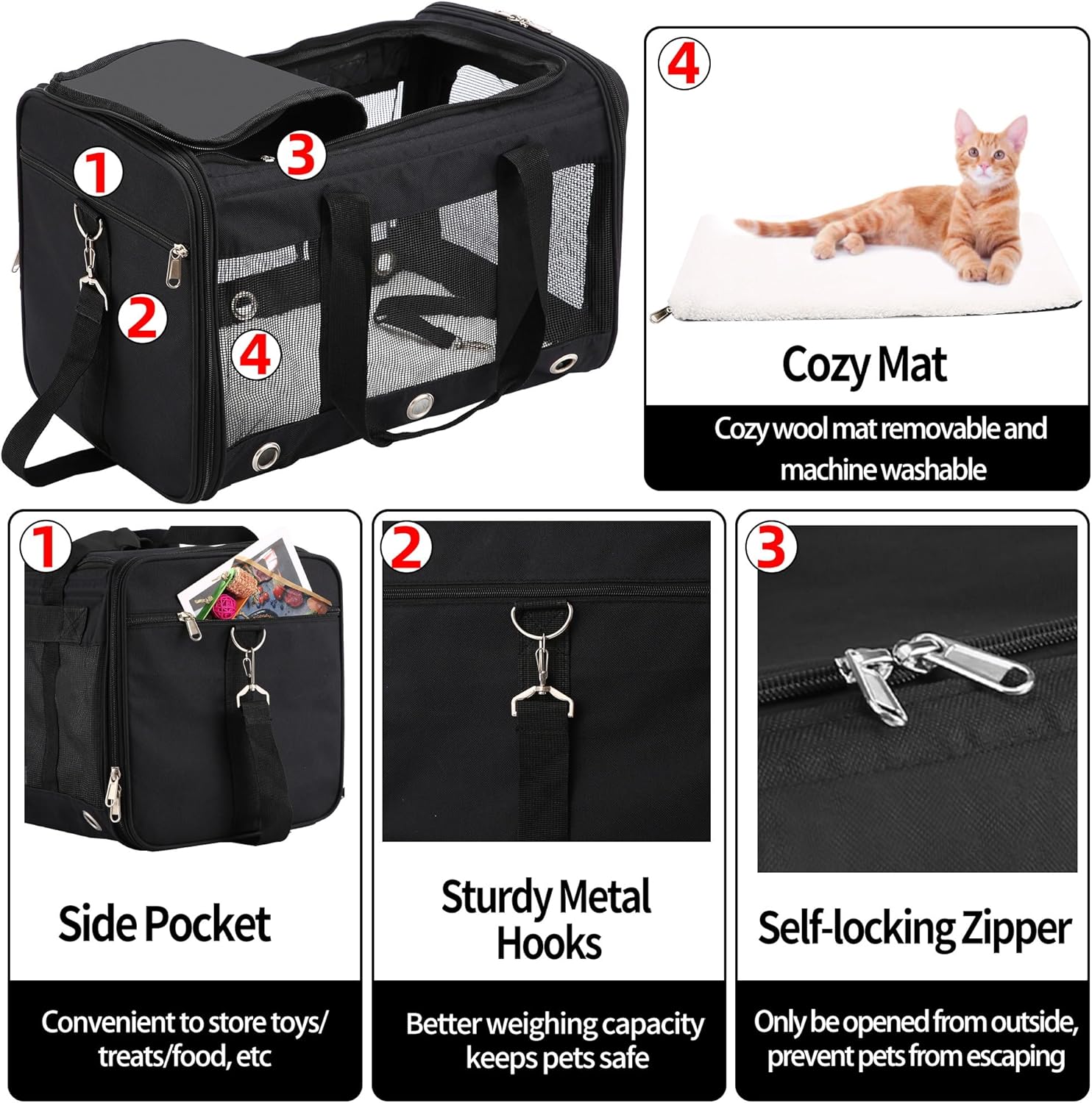 Soft Sided Foldable Cat/Dog/Pet Carrier Bag, Portable Puppy/Pets Travel Carriers For Cats/Dogs With Shoulder Strap & Removable Mat, Durable Cat Basket of 25 lbs - Black, L - Image 4