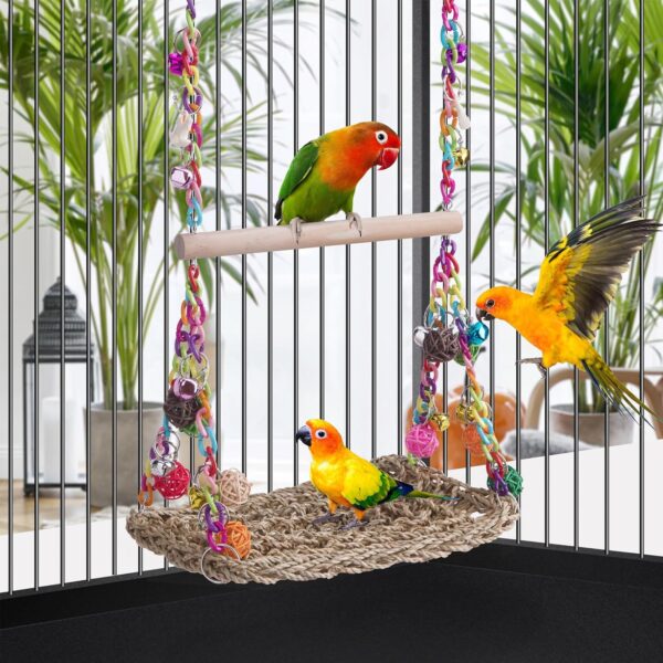 TeTupGa Bird Swing Toys with Wood Perch, Seagrass Woven Parrot Platform Bird Climbing Hanging Hammock Bird Perch Stand Chewing Toy for Parakeets,Budgie, Conure, Cockatiel,Lovebird - Image 2