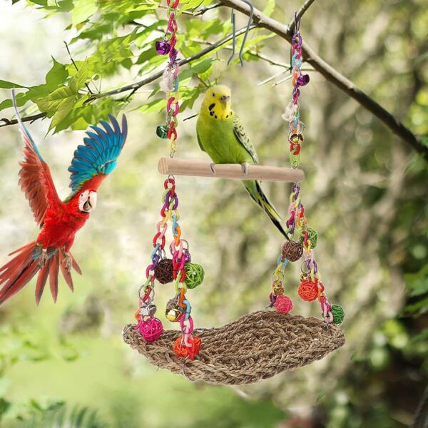 TeTupGa Bird Swing Toys with Wood Perch, Seagrass Woven Parrot Platform Bird Climbing Hanging Hammock Bird Perch Stand Chewing Toy for Parakeets,Budgie, Conure, Cockatiel,Lovebird - Image 3
