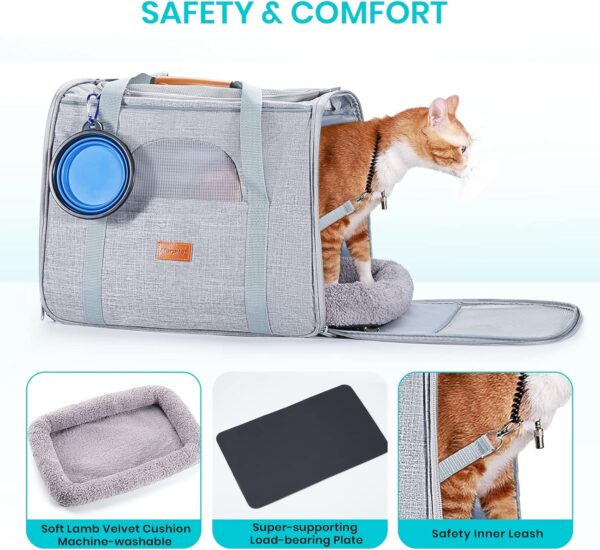Morpilot Cat Carrier, Airline Approved Pet Carrier, Portable Dog Bag Carrier, Breathable Small Pet Carrier Travel Cage with Adjustable Shoulder Strap and Pet Bowl Light Grey - Image 4