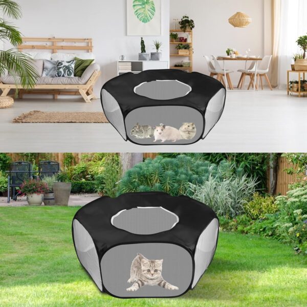 Small Animal Playpen Foldable Pet Tent Fence Cage with Zippered Cover Breathable Transparent Pop Up Pet Exercise Pen for Guinea Pig Rabbits Hamster Chinchillas Hedgehogs Kitten Puppy (Black) - Image 6