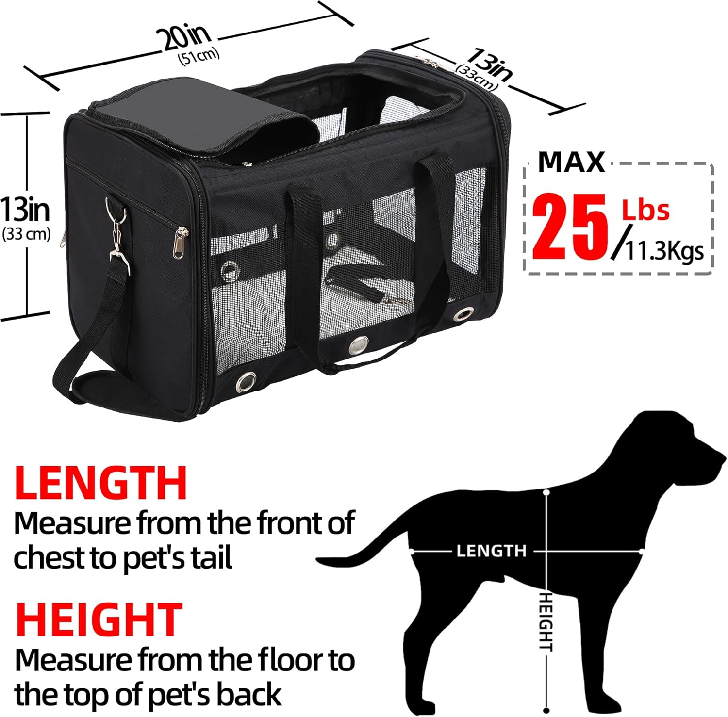 Soft Sided Foldable Cat/Dog/Pet Carrier Bag, Portable Puppy/Pets Travel Carriers For Cats/Dogs With Shoulder Strap & Removable Mat, Durable Cat Basket of 25 lbs - Black, L - Image 2