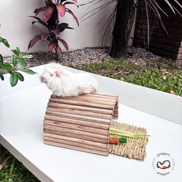 Pregom - Guinea Pig Wooden Hideout, Extra Large, ramp, Bedding, Wooden Bridge - Includes Grass mat, Rabbit Bed, Small pet Bedding, Great for Chewing, Small Animals, Chinchilla, Hamster, Rabbit - Image 2