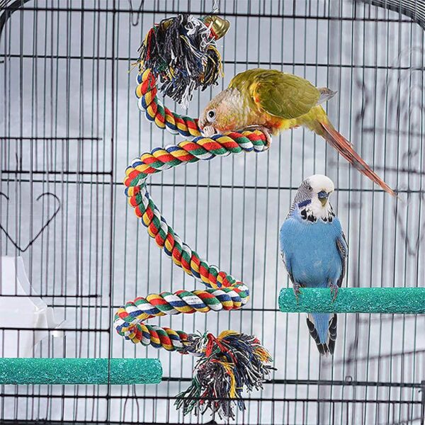 Parrot Perch, Spiral Colorful Budgie Toys Cotton Rope Cockatiel Toy Bird Swing Birdcage Perches Chewing Standing Hanging Perch with Bell (100CM) - Image 7